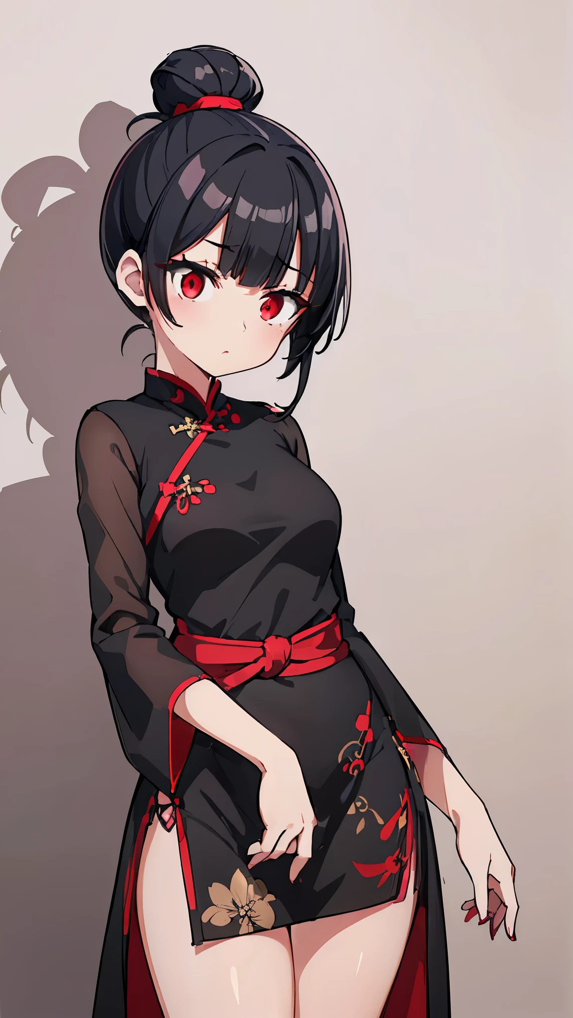 (Girl1,triangle face,red eyes),(black hair,top Knot hairstyle),(black Qipao Dress with slits up the side thigh),standing,white wallpaper,Highly detailed ,8K wallpapers،Highest quality, high resolution, beautiful lighting, detailed shadow,high resolution،highly detailed,detailed faces and eyes,realistic eyes