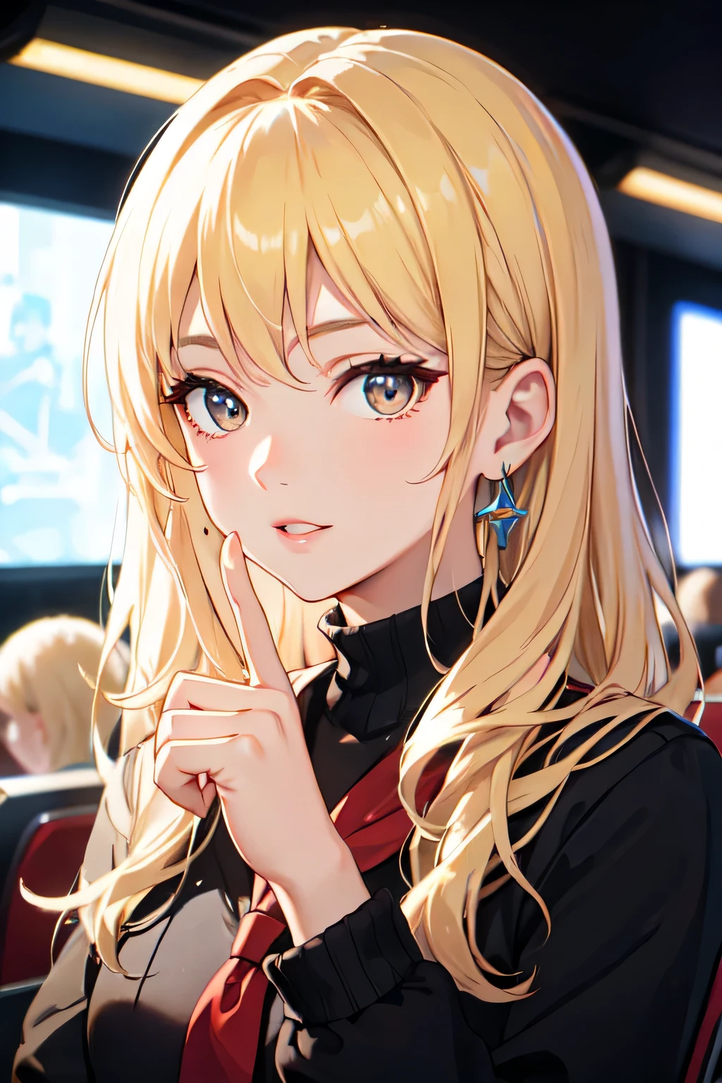 最high quality、Best image quality、masterpiece、and((18-year-old、 Beautiful Aloha Shirts、Black bra、Blue long pants、Best Bust、Bust 85、Blonde、semi-long、blue eyes、Open your chest wide、valley、happiness、Slender、Troubled face、Gold earrings、Silver Watch、視聴者and手をつなぐ))high quality、Beautiful art、background((movie theatre)、Tabletop、Exquisite design、Visual Arts