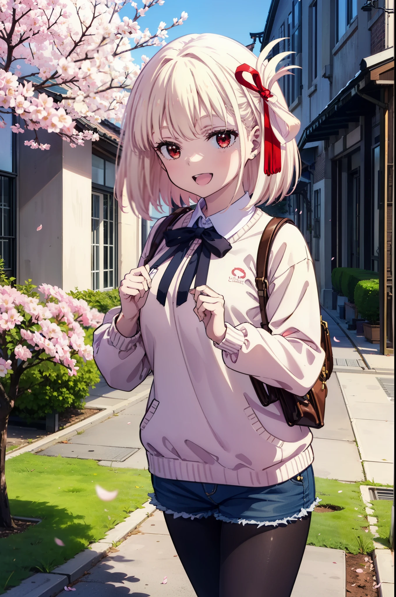 chisatonishikigi, Chisato Nishikigi, long hair, bangs, Blonde, (Red eyes:1.5), hair ribbon, happy smile, smile, Open your mouth,Red oversized sweater,Shorts,Black pantyhose,Mini Boots,Cherry blossoms are blooming,Cherry blossoms are scattered,Cherry blossom tree-lined path,
break outdoors, University　School building,
break looking at viewer, (Cowboy Shot:1.5),
break (masterpiece:1.2), highest quality, High resolution, unity 8k wallpaper, (figure:0.8), (Beautiful fine details:1.6), Highly detailed face, Perfect lighting, Highly detailed CG, (Perfect hands, Perfect Anatomy),