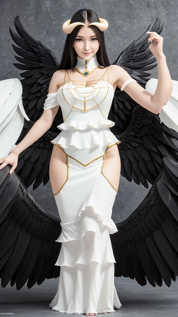 masterpiece, best quality, highres, al1, demon horns, slit pupils, white gloves, white dress, bare shoulders, detached collar, cleavage, black wings, feathered wings, low wings, cowboy shot, standing, dungeon, evil smile, reaching out, 