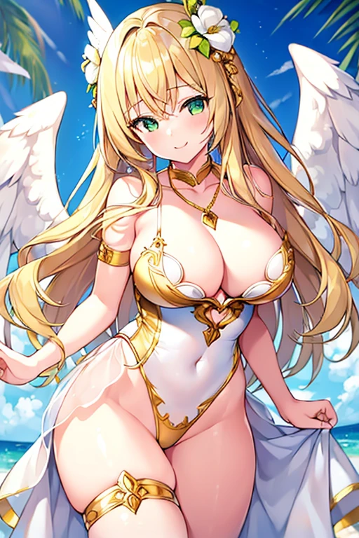 1girl, angel wings, angel, wings, gold trim, breasts, large breasts, bikini, leotard, yellow trim, white clothes, white leotard, smile, blonde hair, green eyes, thigh strap, arm strap, necklace, mature female, tall, tall female, flower ornament, hair ornament, long hair