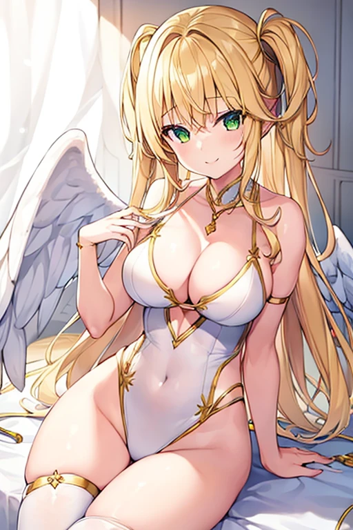 1girl, angel wings, angel, wings, gold trim, breasts, large breasts, bikini, leotard, yellow trim, white clothes, white leotard, smile, blonde hair, green eyes, thigh strap, arm strap, necklace, mature female, tall, tall female