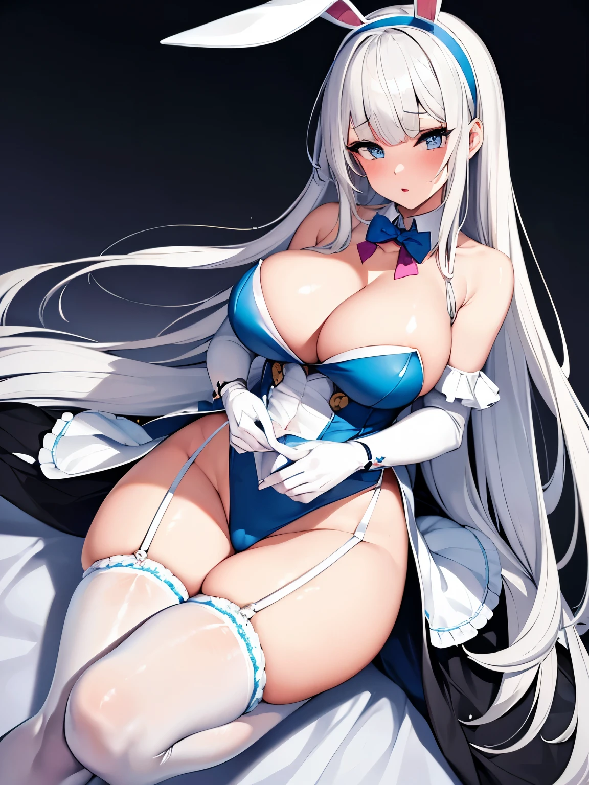 masterpiece, best quality, MyleneHFV4, 1girl, white hair, solo, looking at viewer, Bunny girl transparan, breast covering , white stocking, cleavage, blue hairband, blunt bangs, , ahegao ,legs open, hands holding breasts