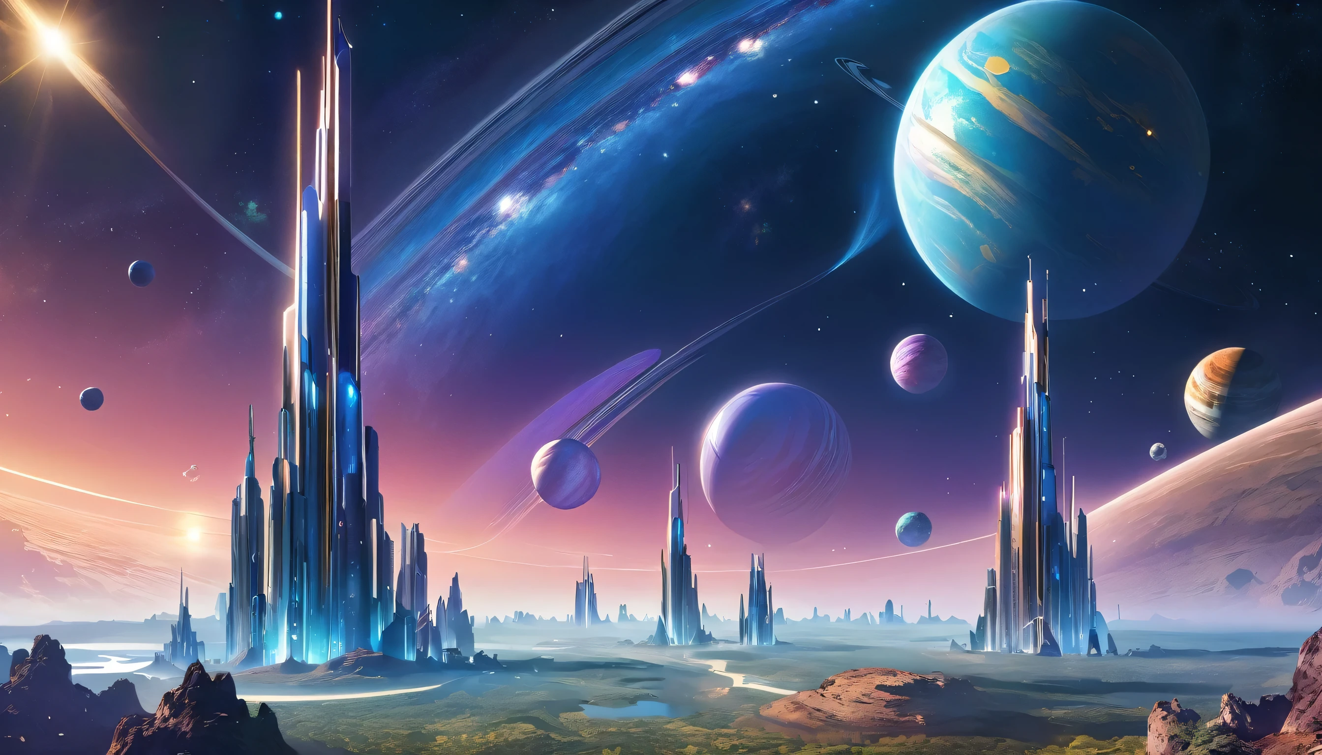 A CIDADE MAIS BONITA, DO UNIVERSO FEITA DE MINERAIS DF CRISTAIS, NO MUNDO FUTURISCO DO BRILHO,8k,TOWERS DE MINERAIS , multicolorido, PLANETS ABOVE THE SKY