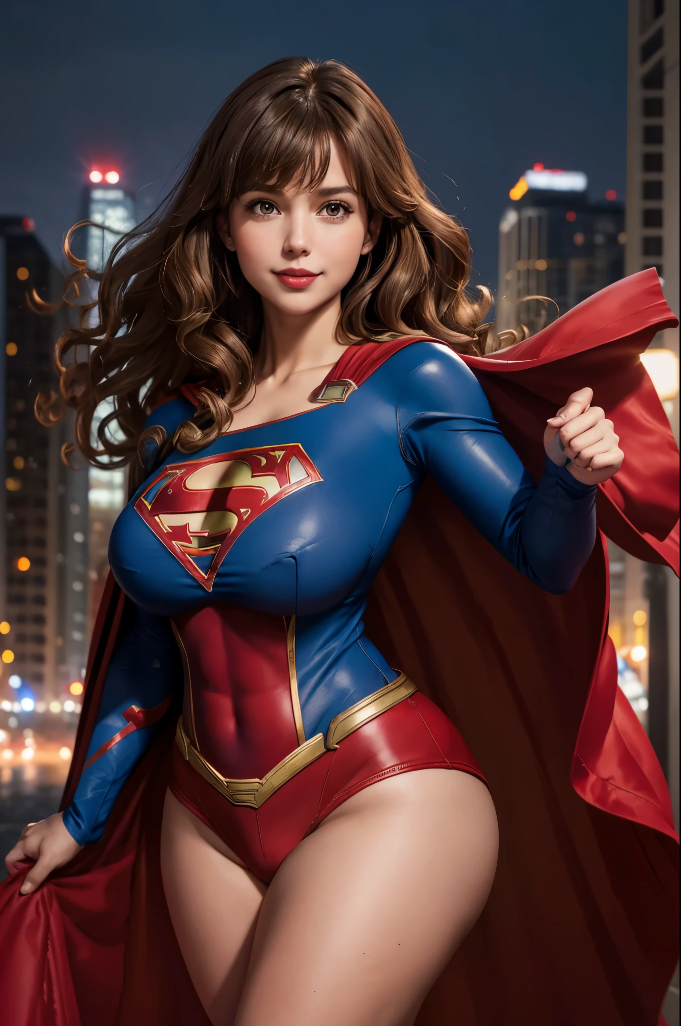 Supergirl, 27 years old, full body shot, Beautiful woman shoulder length curly light brown hair, two side up with bangs, ringlets, shoulder length curly light brown hair with bangs, two side up, ringlets, shoulder length curly light brown hair with bangs, two side up, ringlets, defined body, (large_breasts:1.6) Red lipstick, smiling slightly, hands free, standing facing viewer, (( flowing red cape, long sleeve, foot length, skintight blue bodysuit with red trim of supergirl )), floating over city night (curvy:1.4)
