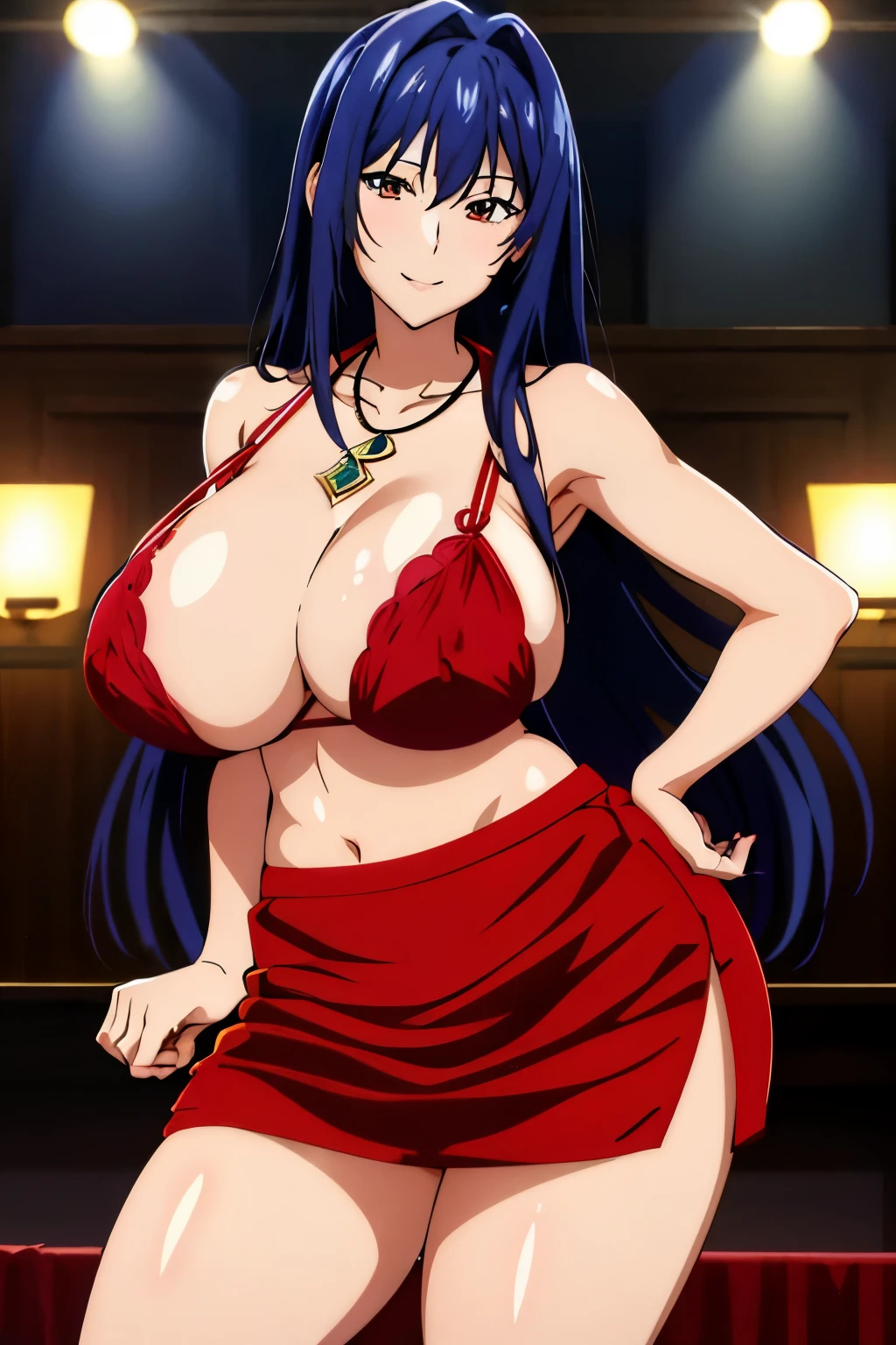masterpiece, highest quality, Jaki V4, 1 Girl, alone, Long Hair, Watching the audience, smile, slight smile, skirt, Cleavage, jewelry, Indoors, miniskirt, necklace, White, Sexy pose,(gigantic chest:1.2),Open your mouth,lure,Perfect hands,Complete Hand,Perfect Fingers,Place your hands on your hips