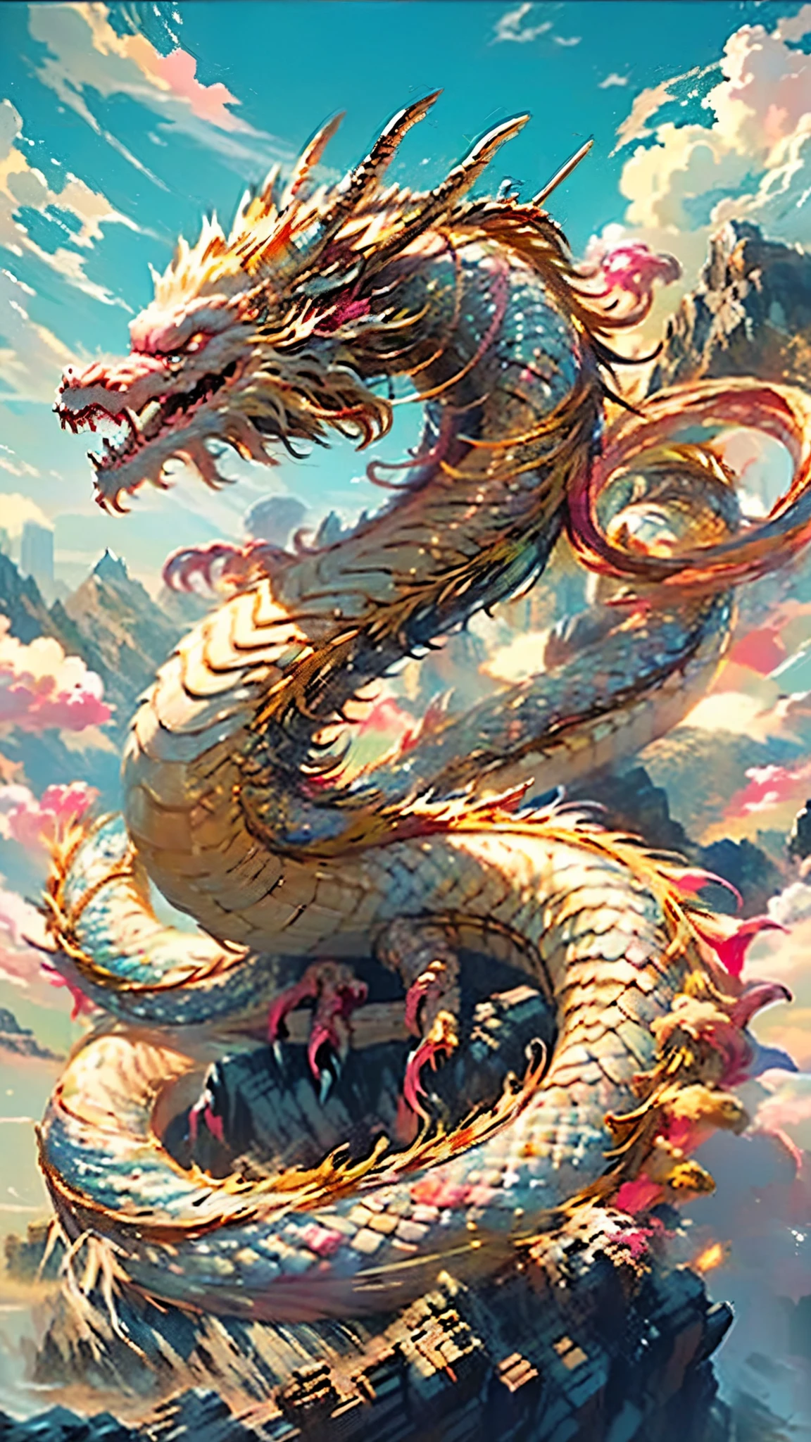highest quality, masterpiece, Ultra-high resolution, (length: 1.2), Pink Dragon, null, Outdoor, cloud, sun, Mountain, Open your mouth, Blue null, teeth, Libra, Sharp teeth, horn, Shine, tooth, wood, Shine目, landscape