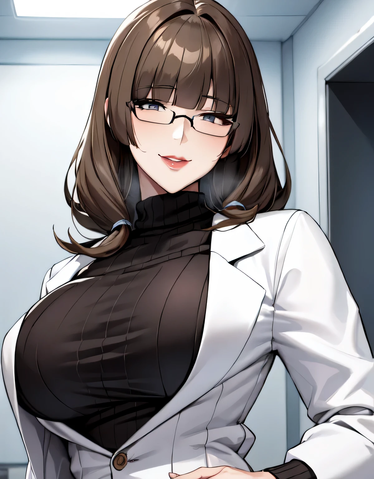 mature female,(large breasts:1.5),(shiny hair),((solo)),((masterpiece)),((best quality)),perfect anatomy,slim waist,perfect image,8k UHD,(beautiful detailed eyes:1.5),extremely detailed face,standing,(upper body:1.3),(look at the front:1.5),arms behindback,ultra-detailed,absurdres,highres,indoor,hospital,in a small clinic,(light brown hair:1.5),((blunt bangs)),erotic lips,((sensitive smile)),white lab coat,Woman doctor,sexy mature women,30 years-old,black ribbed sweater,glasses,hands in pockets,(long hair:1.2),