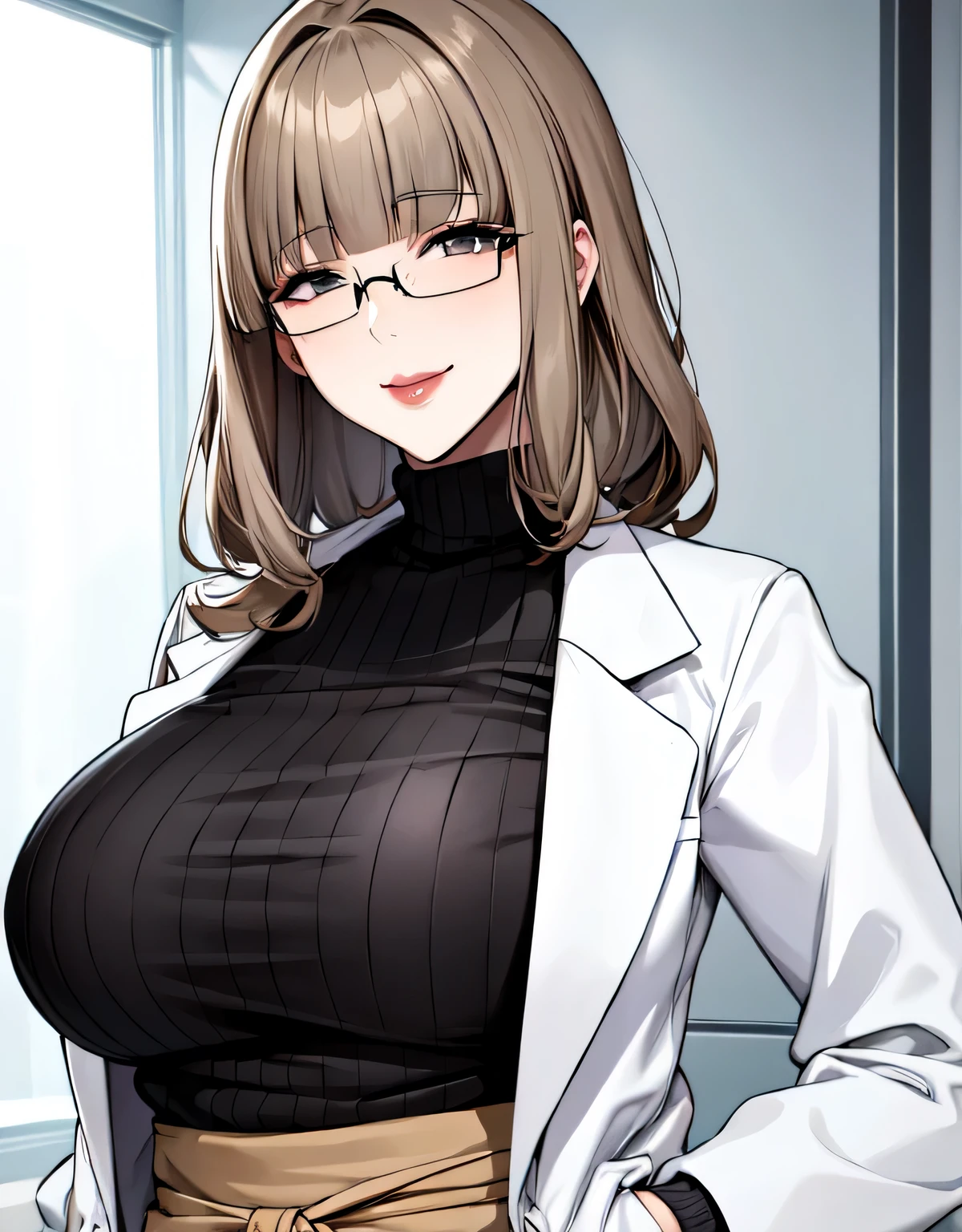 mature female,(large breasts:1.5),(shiny hair),((solo)),((masterpiece)),((best quality)),perfect anatomy,slim waist,perfect image,8k UHD,(beautiful detailed eyes:1.5),extremely detailed face,standing,(upper body:1.3),(look at the front:1.5),arms behindback,ultra-detailed,absurdres,highres,indoor,hospital,in a small clinic,(light brown hair:1.5),((blunt bangs)),erotic lips,((sensitive smile)),white lab coat,Woman doctor,sexy mature women,30 years-old,black ribbed sweater,glasses,hands in pockets,(long hair:1.2),