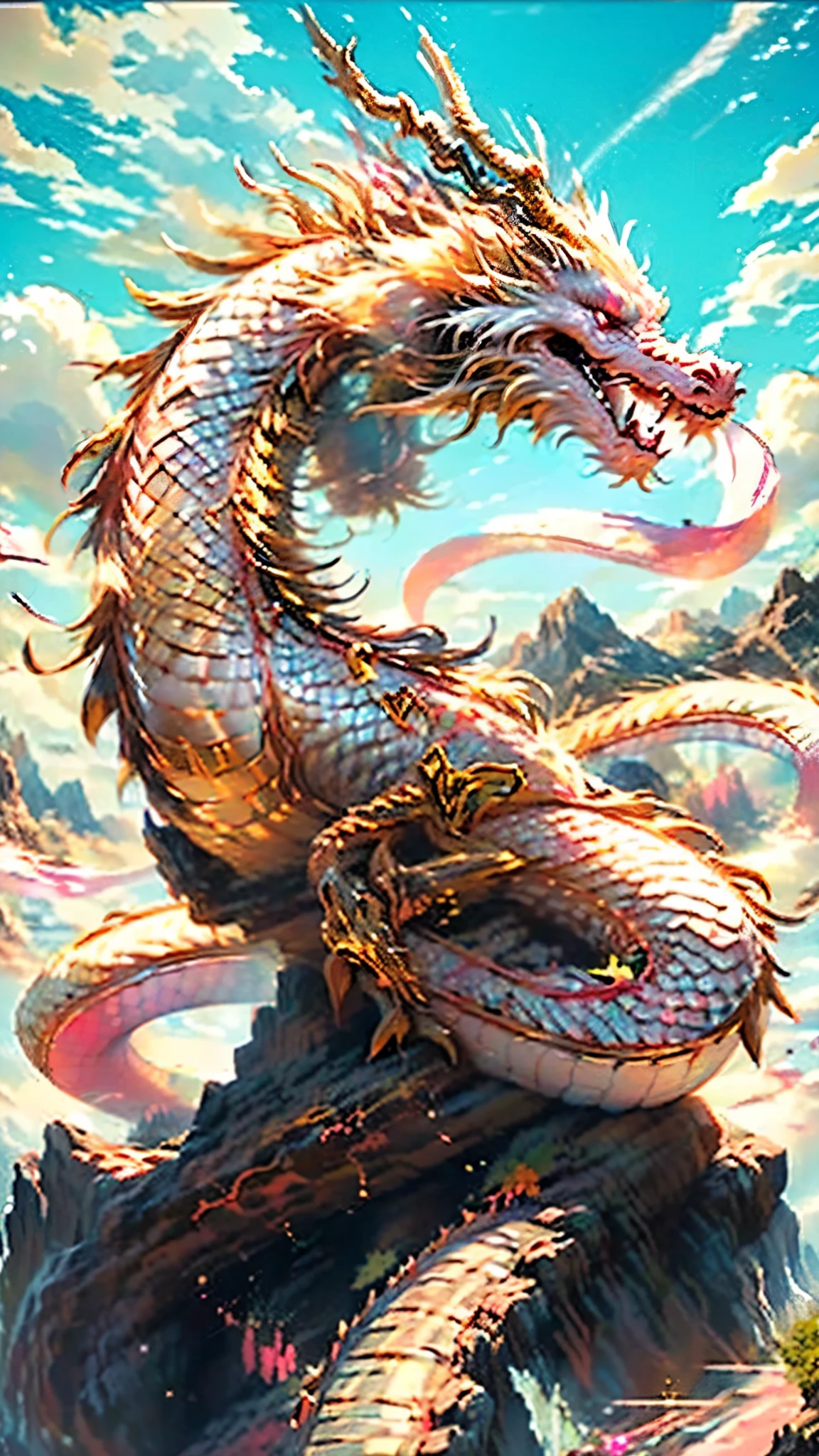highest quality, masterpiece, Ultra-high resolution, (length: 1.2), Pink Dragon, null, Outdoor, cloud, sun, Mountain, Open your mouth, Blue null, teeth, Libra, Sharp teeth, horn, Shine, tooth, wood, Shine目, landscape