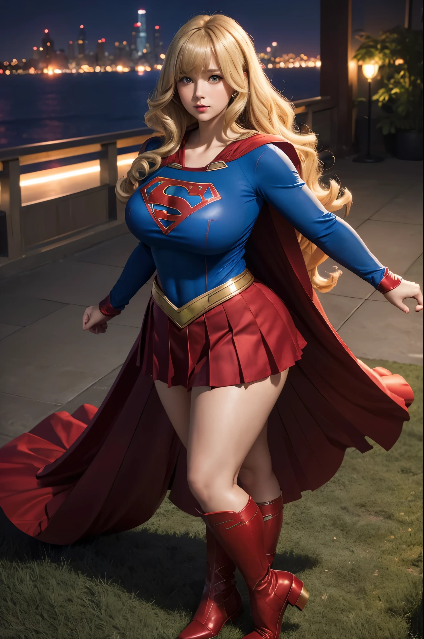 Supergirl, 27 years old, full body shot, Beautiful woman shoulder length curly blonde hair, two side up with bangs, ringlets, shoulder length curly blonde hair with bangs, two side up, ringlets, shoulder length curly blonde hair with bangs, two side up, ringlets, figure : (very full figure, curvy, chubby, very soft, very thick, big breasts, sexy, sexy pose, fat thighs). clothes: (long sleeve blue top, flowing red cape, pleated red skirt of Supergirl, long sleeve blue top, flowing red cape, pleated red skirt of Supergirl , long sleeve blue top, flowing red cape, pleated red skirt of Supergirl ). penthouse garden city night