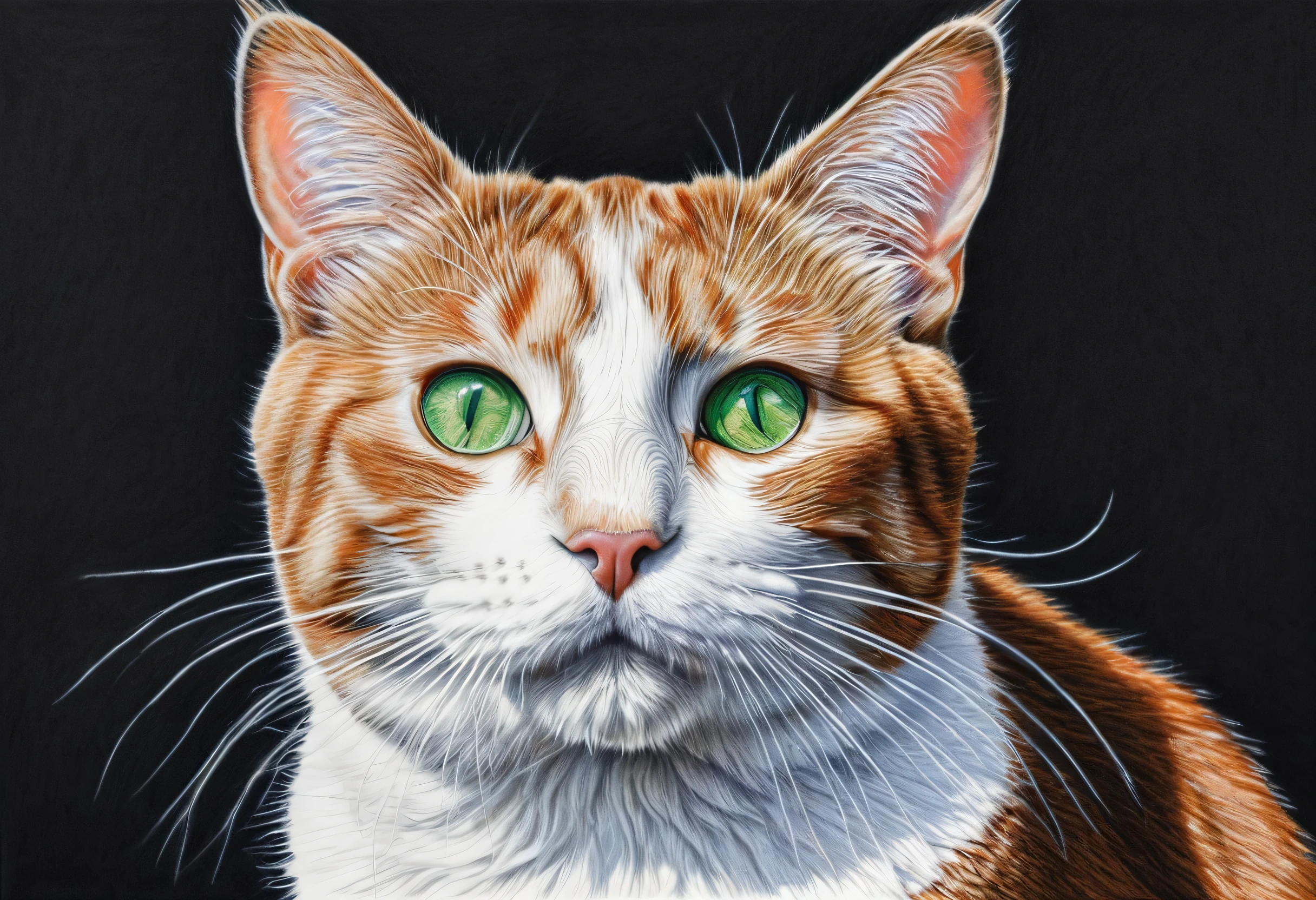 Drawing of a cat with green eyes and a white nose, Colored pencil sketch by Tom Wennerstrand, Artstation Contest Winner, Photorealism, Hyper-realistic portraits, Photorealism pastel, colored pencil drawing, Cat portrait, colored pencil art on paper, detailed coloured pencil, Pastel Art, Pastel drawing, Pastel Artwork, Detailed portrait, Highly detailed painting