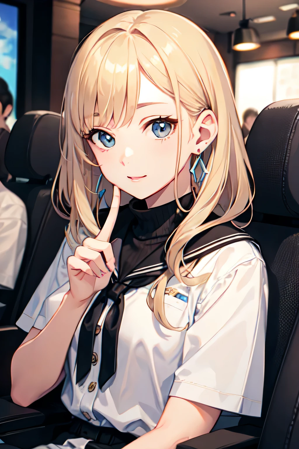 ((highest quality)), ((masterpiece)), (detailed), Perfect Face、Movie viewing、smooth hair、blonde、Earrings、at the movie theater、Put your finger over your mouth、be quiet、high school girl、looks fun