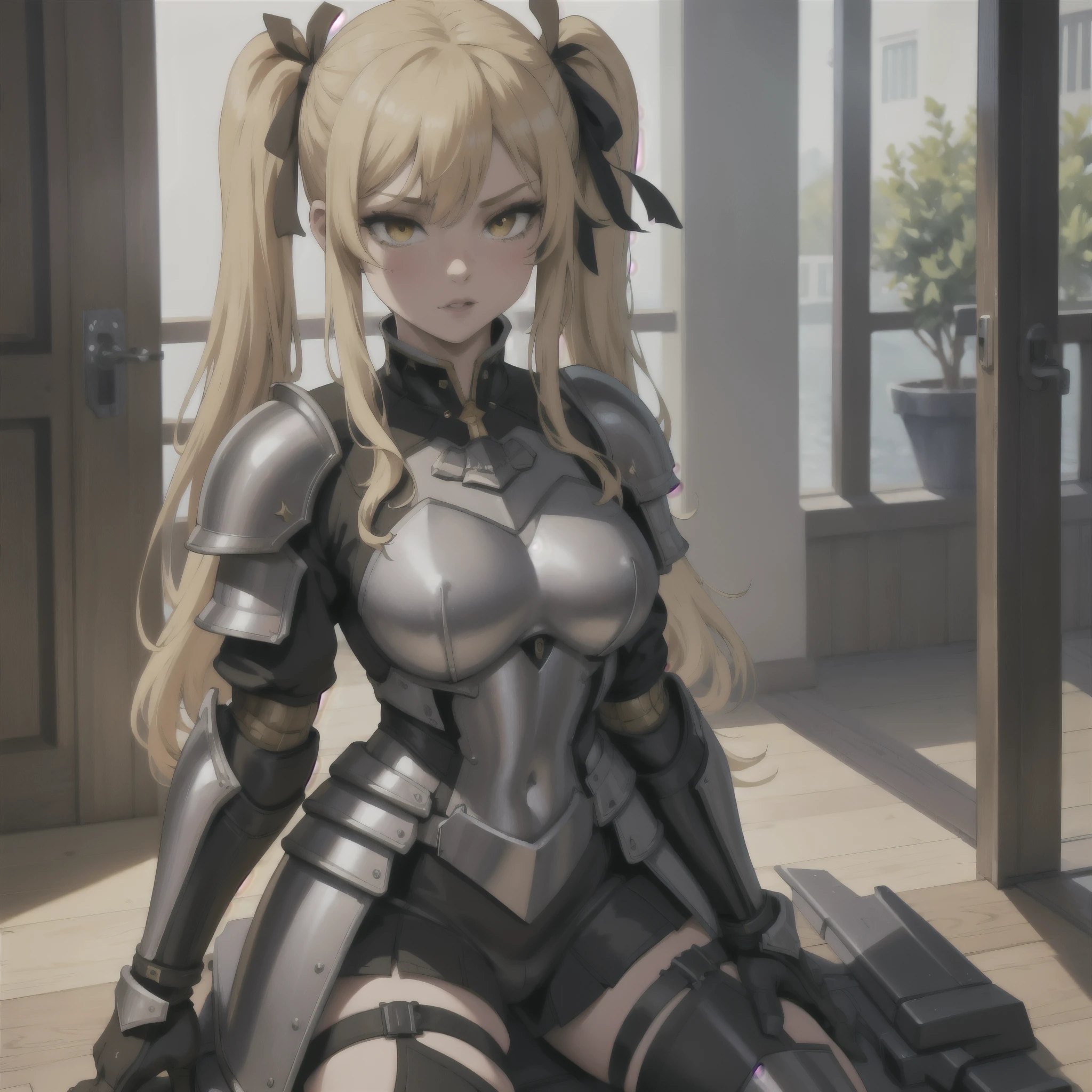 (masterpiece, best quality, ultra-detailed, highres), spoken heart, blonde hair, yellow eyes, (pigtails), black ribbon in hair, 1girl, solo, black armor, armored, full body, frontal look