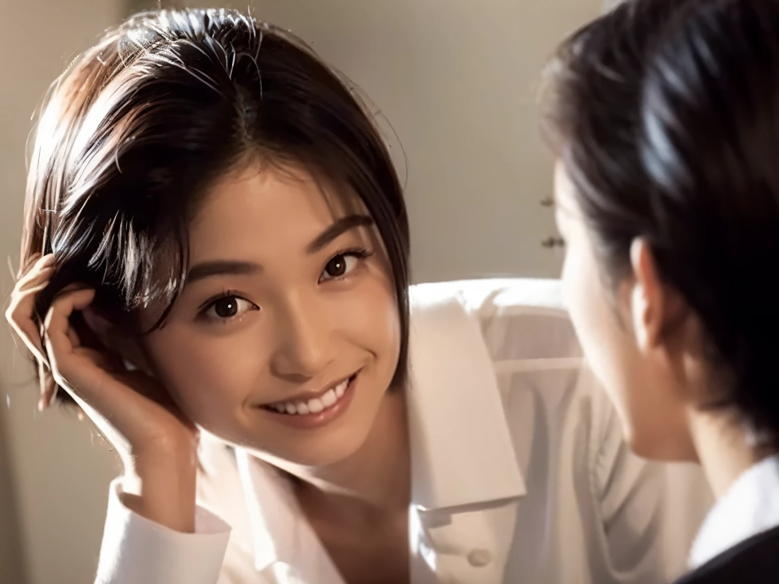 1girl, solo, looking at viewer, smile, short hair, shirt, black hair, long sleeves, closed mouth, white shirt, upper body, indoors, black eyes, lips, looking to the side, window, realistic