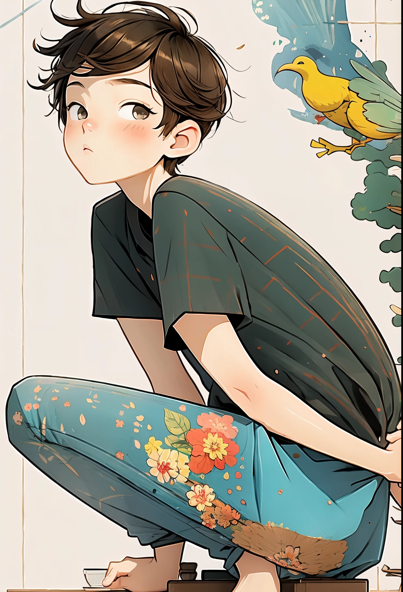 (masterpiece, best quality:1.2), watercolor painting,cartoonish character design。A male teenager,Handsome,black and white lines,Close eyes,deep sea,Fall