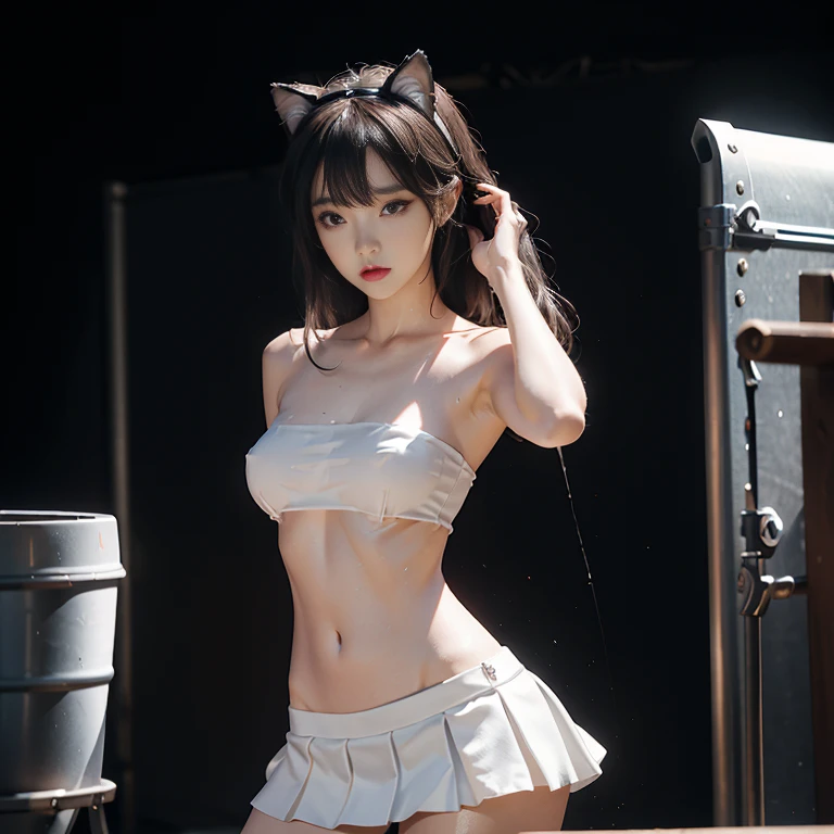 Standing, hair bang, cat ears headband, skin pores, shining skin, tube top, abs stomach, weiss, skirt, in stage, lovely, beautiful, dark theme, K-pop style, nude, sex, toplesd,bottom less,