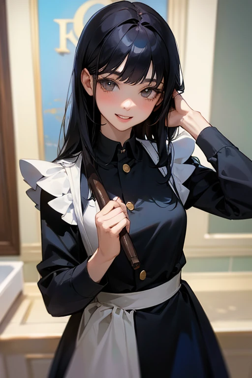 (Highest Resolution, clear_image) highest quality, Single person, One Woman, alone, masterpiece, Very detailed, Semi-realistic, Black Hairのショートヘア, Black Hair, bangs, 18-year-old, mature, light blue uniform, uniform, Indoor Background, kind, Authoritative, powerful, exquisite features, exquisite features、Eyelashes become longer、Showing teeth、smile😀、Maid clothes、Touching your hair