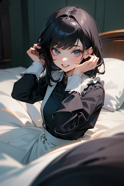 (Highest Resolution, clear_image) highest quality, Single person, One Woman, alone, masterpiece, Very detailed, Semi-realistic, Black Hairのショートヘア, Black Hair, bangs, 18-year-old, mature, light blue uniform, uniform, Indoor Background, kind, Authoritative, powerful, exquisite features, exquisite features、Eyelashes become longer、Showing teeth、smile😀、Maid clothes、Touching your hair