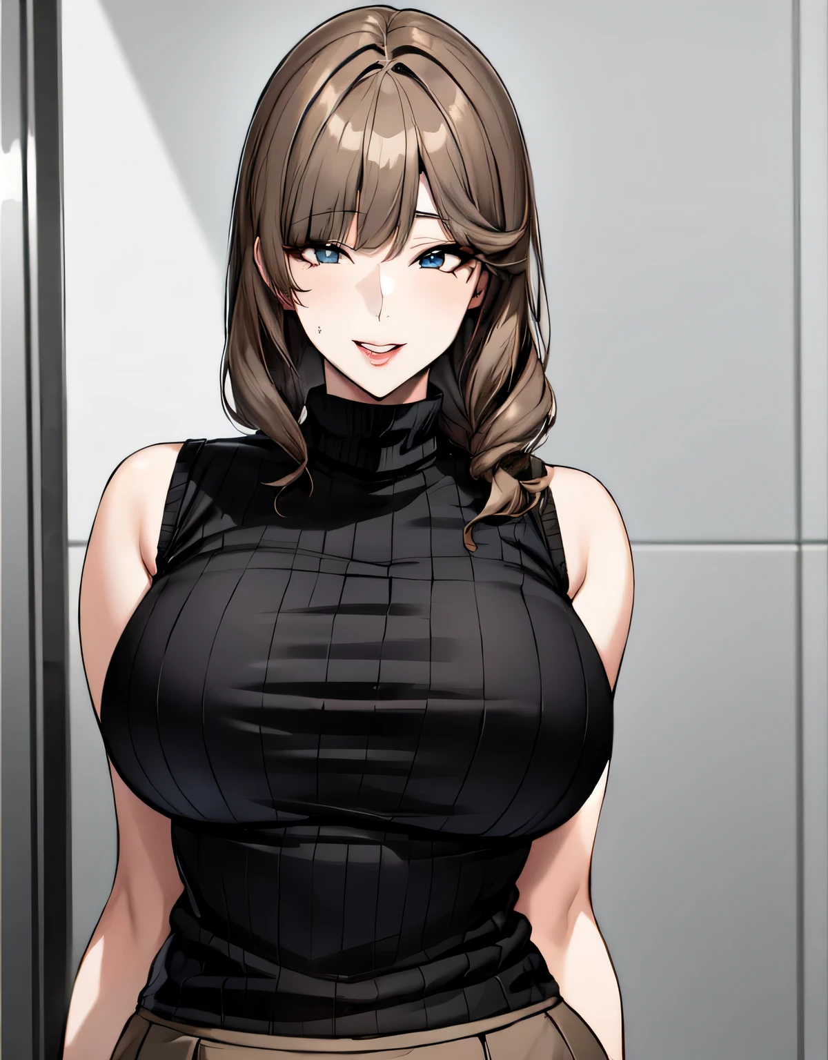 mature female,(large breasts:1.5),(shiny hair),((solo)),((masterpiece)),((best quality)),perfect anatomy,slim waist,perfect image,8k UHD,(beautiful detailed eyes:1.5),extremely detailed face,standing,(upper body:1.3),(look at the front:1.5),arms behindback,ultra-detailed,absurdres,highres,(light brown hair:1.5),((blunt bangs)),erotic lips,((sensitive smile)),sexy mature women,30 years-old,long hair,black ribbed sweater,sleeveless,mini skirt,