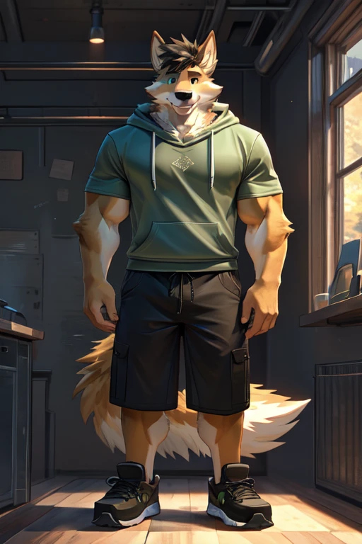 ((best quality)), ((masterpiece)), (detailed), perfect face, perfect eyes, perfect anatomy, perfect shading,
Name: Kevin Percival Heroux 
Age: 20
Species: anthropomorphic wolfdog (70% Gray Wolf, 25% Tamaskan wolfdog, 5% Dingo), 
Fur Colors: Russet Brown fur with black on the tips of his ears and brush of his tail, 
hair: dark brown with black tips
Eyes: dark sap green eyes
Height and Weight: 6'1 and 173 lbs, 
Proportions: 41" Chest, 19" Shoulders, 13" Biceps, 32" waist, 23" Thighs, 15" Calves, 19" Back 
Outfit: lime green hoody, gray-green T-shirt, gray-ish green sweat shorts, dark slate gray slip on shoes
Personality: INFP 5w4 (459), Steadiness/Conscientious (Disc type)
Pastel colors, soft shading, soft colors, vivid colors 