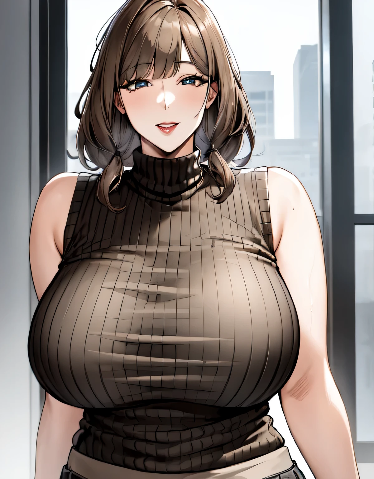 mature female,(large breasts:1.5),(shiny hair),((solo)),((masterpiece)),((best quality)),perfect anatomy,slim waist,perfect image,8k UHD,(beautiful detailed eyes:1.5),extremely detailed face,standing,(upper body:1.3),(look at the front:1.5),arms behindback,ultra-detailed,absurdres,highres,(light brown hair:1.5),((blunt bangs)),erotic lips,((sensitive smile)),sexy mature women,30 years-old,long hair,(black ribbed sweater),sleeveless,mini skirt,