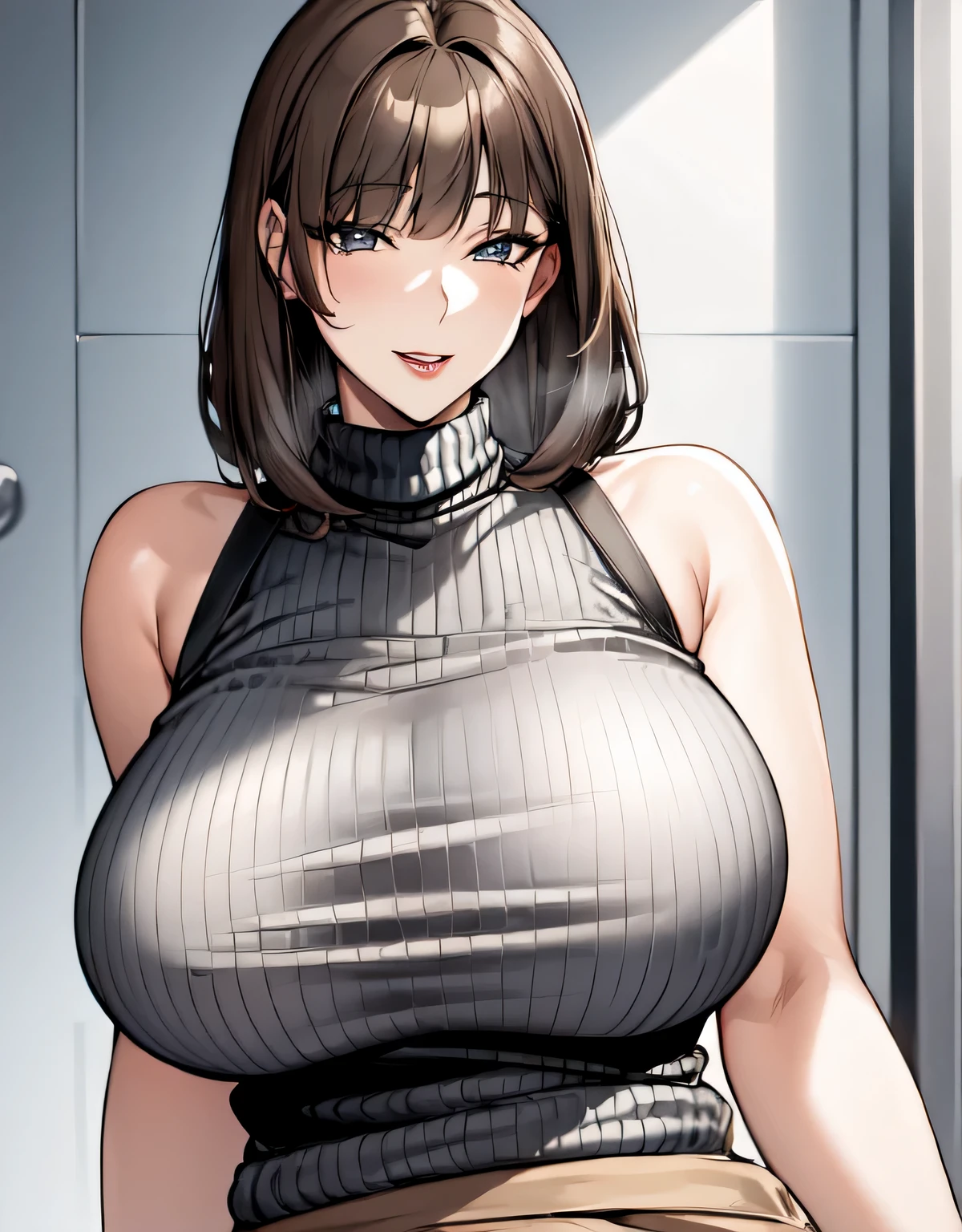 mature female,(large breasts:1.5),(shiny hair),((solo)),((masterpiece)),((best quality)),perfect anatomy,slim waist,perfect image,8k UHD,(beautiful detailed eyes:1.5),extremely detailed face,standing,(upper body:1.3),(look at the front:1.5),arms behindback,ultra-detailed,absurdres,highres,(light brown hair:1.5),((blunt bangs)),erotic lips,((sensitive smile)),sexy mature women,30 years-old,long hair,(black ribbed sweater),sleeveless,mini skirt,