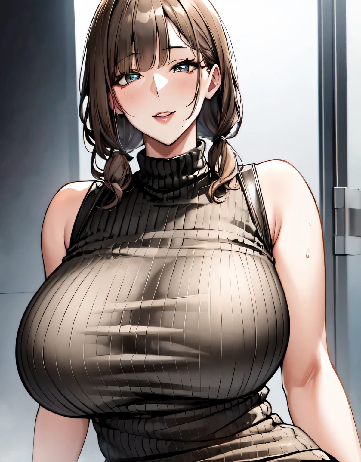 mature female,(large breasts:1.5),(shiny hair),((solo)),((masterpiece)),((best quality)),perfect anatomy,slim waist,perfect image,8k UHD,(beautiful detailed eyes:1.5),extremely detailed face,standing,(upper body:1.3),(look at the front:1.5),arms behindback,ultra-detailed,absurdres,highres,(light brown hair:1.5),((blunt bangs)),erotic lips,((sensitive smile)),sexy mature women,30 years-old,long hair,(black ribbed sweater),sleeveless,mini skirt,