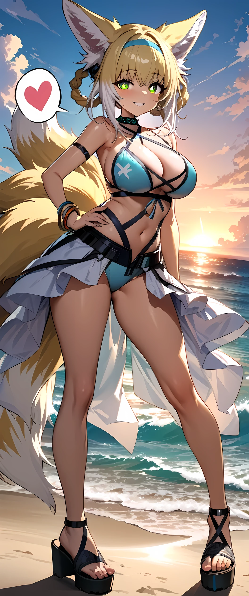 (masterpiece), best quality, expressive eyes, perfect face,Suzuran_\(Arknights)\,(light blue cross halter bikini),big breasts,beach,fox ears,fox tails,heel sandals,(blonde hair),long hair,[cleavage],looking at viewer,smiles,(necklace),bracelets, bangles, eyeshadows, eye liner,glistening eyes, hyper detailed eyes, intricate eyes, beautiful eye, ((glowing green pupils))、smilling face,(bare legs),(standing,contrapposto:1.4),seductive pose,dynamic angle,spoken heart,sunset