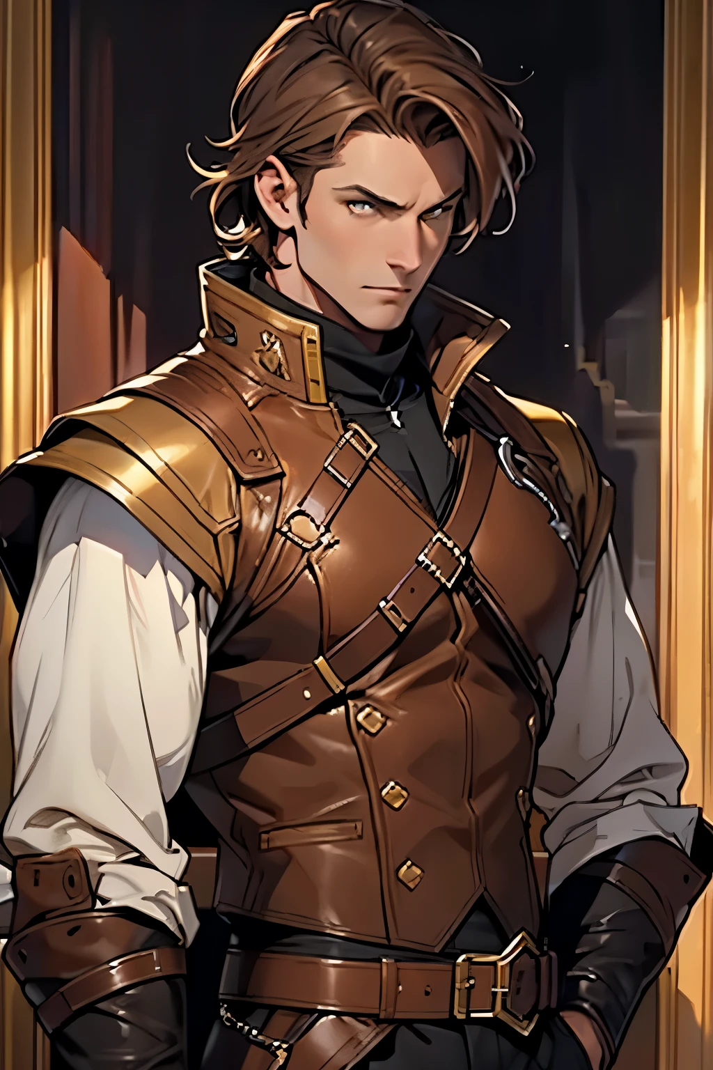 Creativa, Shiny yellow eyes, brown leather outfit, Highest quality, masterpiece, 8K, male, mature male, tall, epic, (masterpiece:1.8, best quality), (solo, upper body), waist,  ((brown medium  hair)), 