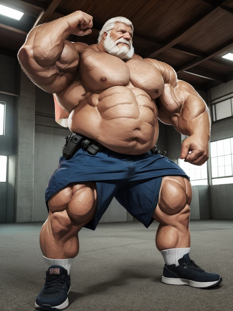 anime, anime style, (best quality,4k,8k,highres,masterpiece:1.2),ultra-detailed,(realistic,photorealistic,photo-realistic:1.37),((massive muscular)) ((huge Muscular)) chubby old man as police, shorts and shoes, white hair, super thick arms, super big pectoral, super wide pectoral, topless, shirtless, low angel , bottom view, (ground view)
