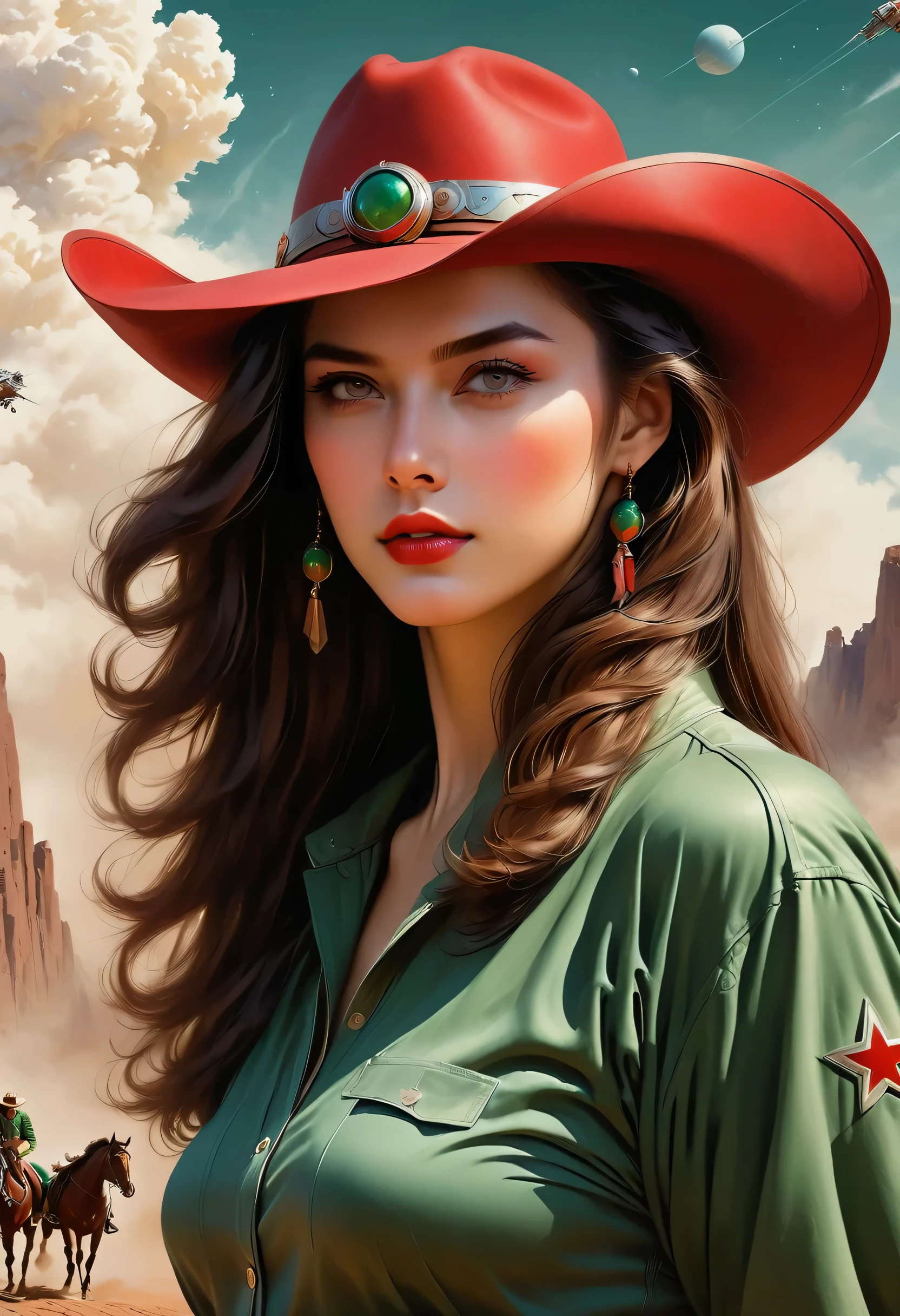 comic book's cover, Comic book cover about space cowboys, 1 Amazing story of cowboy hat style, 1940s 1950s, Red and Green, comic art, Realistic scenes, Romanticized Realism Dynamics
