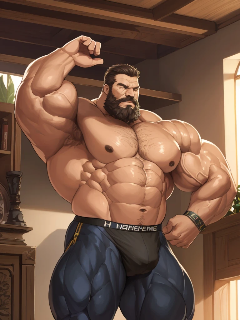 Wide medium shots, ground level camera shot, (best quality, 4k,8k, highres, masterpiece:1.2), ultra-d etailed, (realistic,photorealistic,photo-realistic:1.37).,((hyper muscular)) old man showing strong muscle wearing Hermes, black underpants , hyper muscle, hyper pectoral, hyper bicep, hyper arms, bulge, white and short hair, super thick arms, super big pectoral, super wide pectoral, topless, shirtless.
