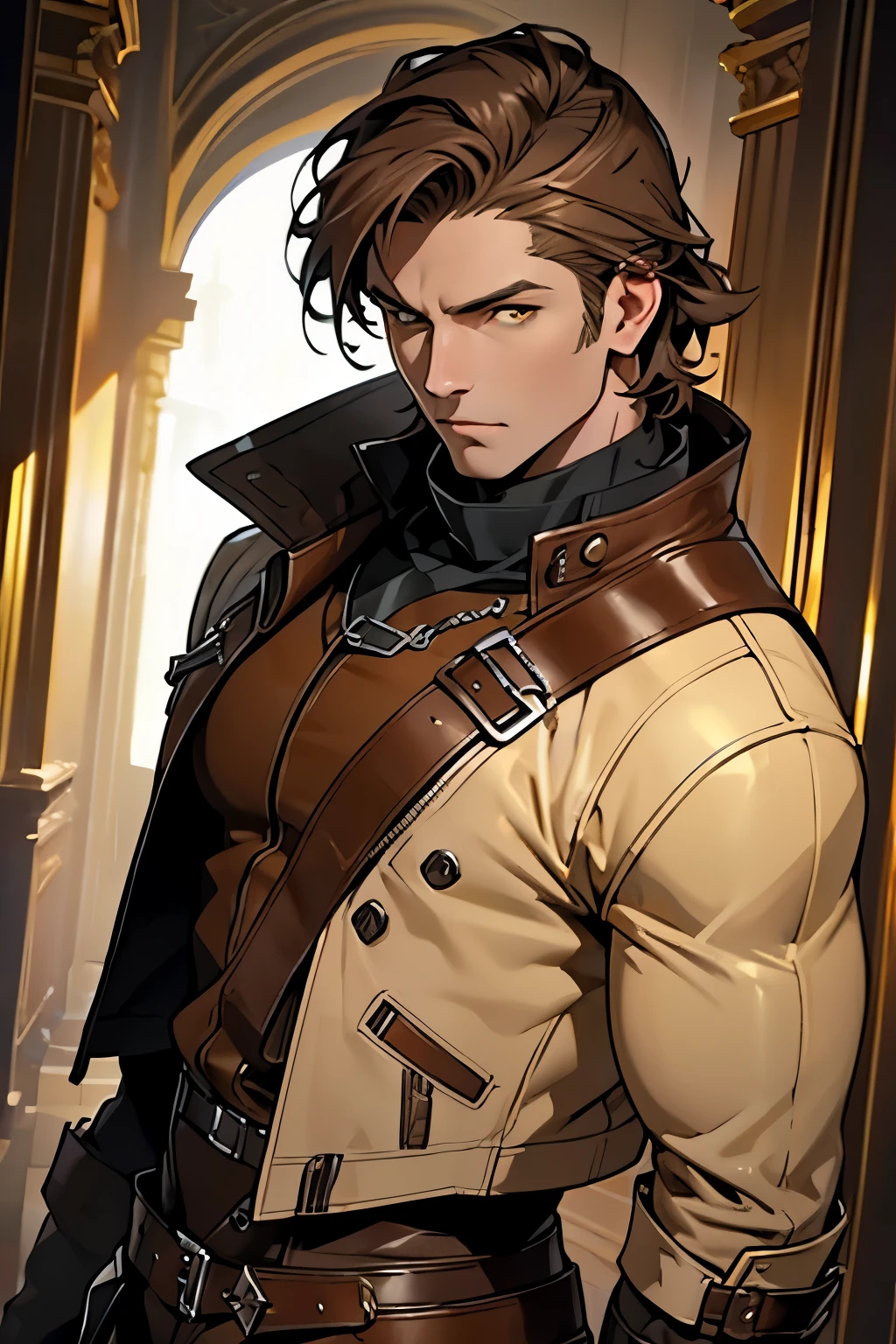 Creativa, Shiny yellow eyes, brown leather outfit, Highest quality, masterpiece, 8K, male, mature male, tall, epic, (masterpiece:1.8, best quality), (solo, upper body), waist, ((brown medium hair)),