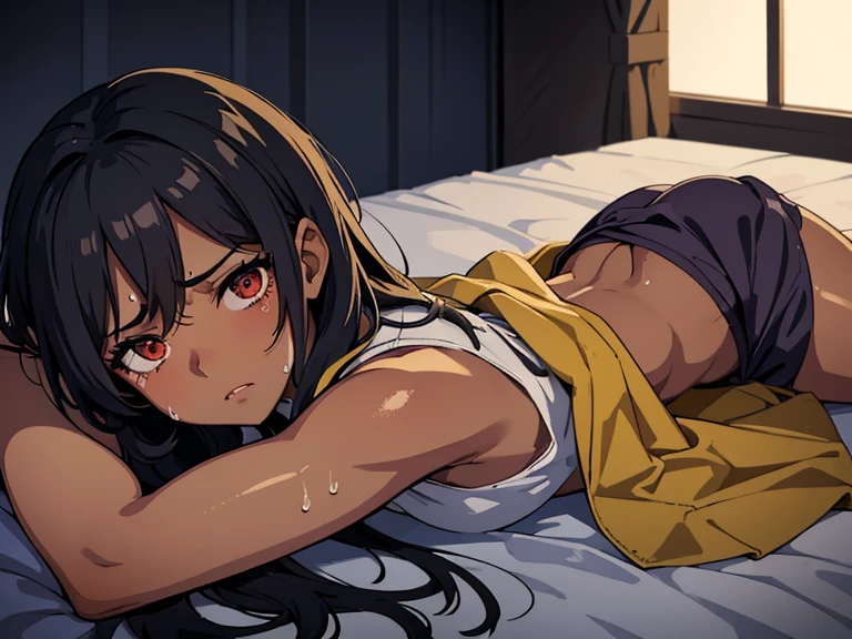 anime-style depiction of a dark tan-skinned girl clad in a cute crop top and long skirt, she has an upset stomach, she is holding her abdomen in pain, feeling sick in her stomach, she is lying down in the bed, her expression showing a lot of pain and suffering, sweat all over her body
