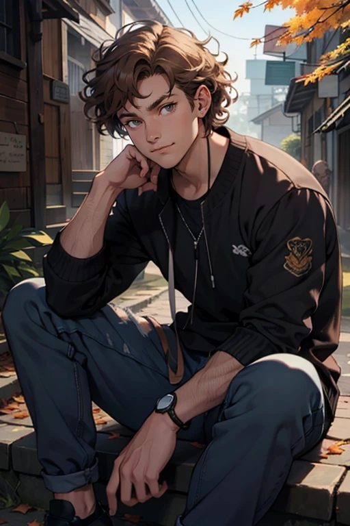 (masterpiece:1.3), (best quality:1.3), (hires, high resolution:1.3), 8k, ultra_detailed, extremely_clear, photograph, beautiful, sharp focus, hdr, BREAK, man, sitting, smiling, light brown hair, curly hair, muscular body, causal clothes, brown skin, autumn, peaceful, dabbled lighting, 