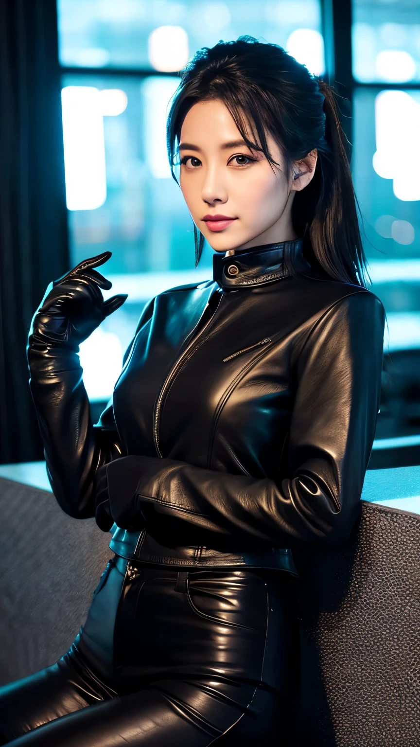 black leather rider jacket, office in the dark, Fingertips of black leather gloves on both hands,wearing black leather gloves,sitting in a black leather chair、 Japanese female new employee (black leather gloves cover both hands) (The angle is horizontal)、black leather leather pants,black leather black leather pants,black leather skinny pants、Long black leather boots on both feet、black hair ponytail ((He wears black leather gloves on his hands))Full Body Photo,full body shot full body full body leather suit,☺If you turn in this direction。wearing black leather gloves,wearing black leather gloves,wearing black leather gloves,wearing black leather gloves,wearing black leather gloves,wearing black leather gloves,黒のレザーパンツが美しい😍黒のレザーパンツが美しい😍黒のレザーパンツが美しい,😍I'm smiling while looking at you,City lights、((Neon Cyberpunk City Street:1.3))、(Neon Light)、Detailed lighting、
Best image quality、Ultra-high resolution、(realism:1.4)、korean beauty star、The most beautiful KPOP stars、face、horny korean makeup、A body that makes you want to touch it、Realistic leather texture、Costume made of smooth leather fabric、The drape of the curved parts of the leather fabric、The costume has a strong shine、costume quality、8K Photo Quality