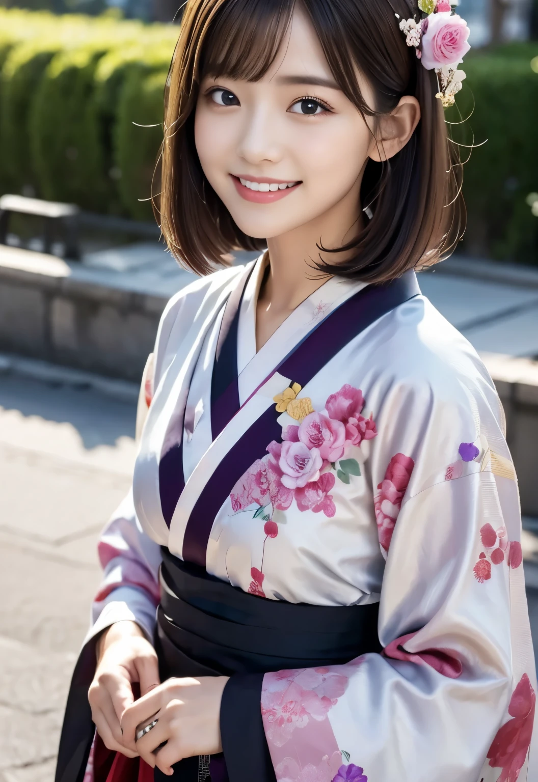 (masterpiece, best quality:1.1), (8k, raw photo, photo realistic:1.2, f22), (shiny skin), detailed skin, Medium Bob,detailed face, detailed eyes, smile,BREAK, real world, intricate details, smil, BREAK, 1girl, (kimono), BREAK, (Mt.Fuji:1.4), BREAK