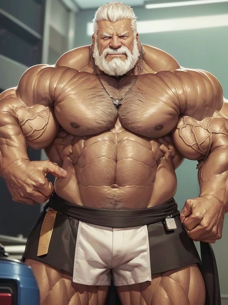 Wide medium shots, ground level camera shot, (best quality,4k,8k,highres,masterpiece:1.2),ultra-detailed,(realistic,photorealistic,photo-realistic:1.37),((massive muscular)) ((huge Muscular)) old man standing in photo studio, simple background, shorts , white hair, super thick arms, super big pectoral, super wide pectoral, topless, shirtless.