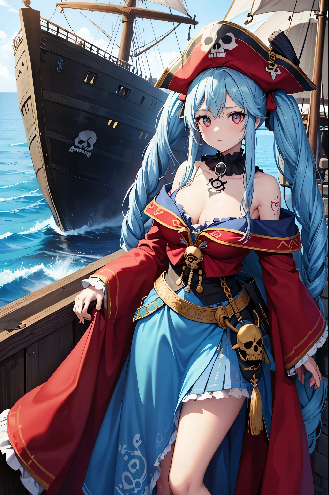 Light blue long hair、Beautiful girl with twin tails、"pirate skull", Open seaにpirate shipの背景、Red pirate costume、Many hat colors, Gold accessories, Shining Eyes、Skull face with many tattoos. All images must have a skull face. pirate ship、Open sea、sunny