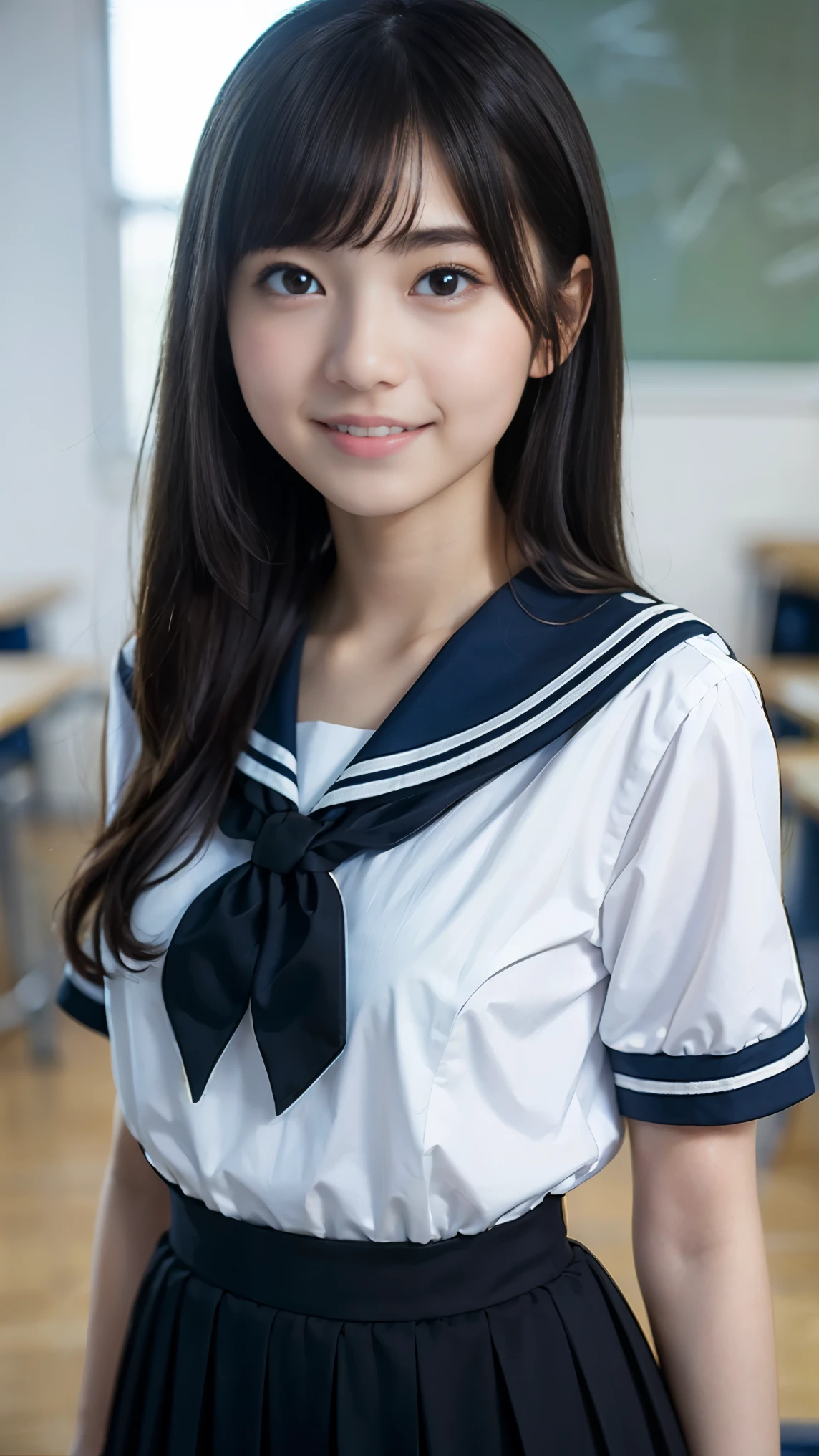 (masterpiece, highest quality:1.2), 8K, young beautiful girl, 85mm,Official AR RAW photo, baby face、clothed big breasts、photo shoot, cute face, thighs, After school classroom, various poses, looking at the viewer, embarrassing、smile、no makeup, film grain, chromatic aberration, sharp focus, face light, clear lighting, Ten generations, detailed face, background bokeh、((((((21 year old girl))))))、thin waist、black/red sailor suit、partially wearing a skirt、pubic hair、vagina/pussy