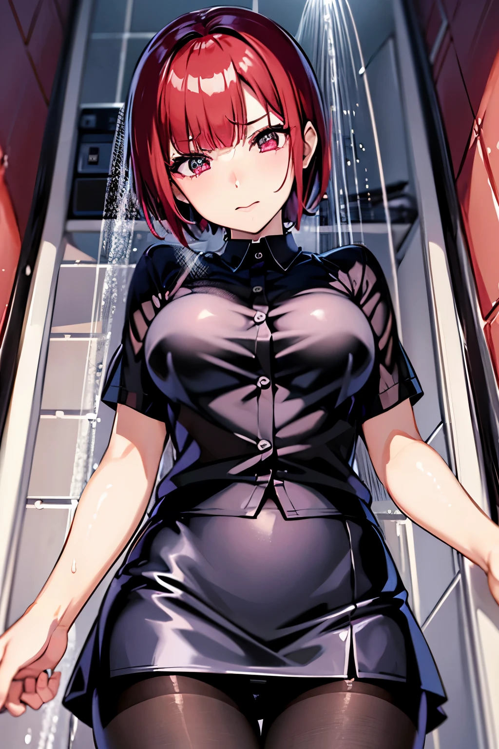 Rio, Super Blackjack、Red Hair、Short Hair、((blouse))、((pantyhose))、mini skirt、Photo from below、Medium chest、((shower room))、Rio・デ・カーニバル、((Get wet all over))、Black Bra