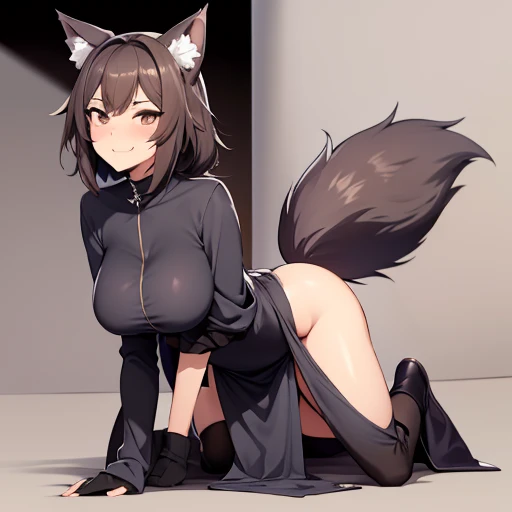 Adult only girl,wolf doggo anime girl,animal ears,fluffy wolf ears,brown dark hair, middle hair,medium hair,brown dark eyes,cat line iris,evil smile mout with one side fang,large breast,beatiful breast,boob,sexy ,long dress,priest dress,nun churc style,animal tail,fluffy wolf tail dress,one animal tail,gray priest dress,thigs,sexy thigs,blade,blade knife,blade knife in hand,sexy pose,view the viewer,full body,complete scale,full anatomy,complete,, inugami korone 