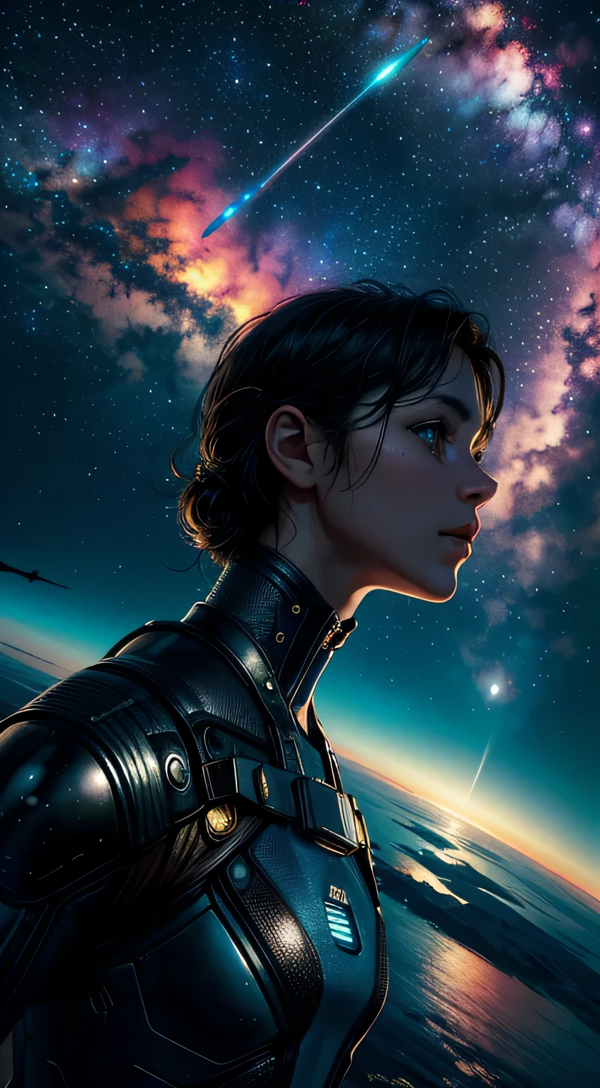 (Best quality, 4K, 8K, high resolution, masterpiece: 1.2), (realistic,Photorealistic,photorealistic: 1.37), Cosmonaut,
Steam punk, dark movie, otherworldly,
Bright colors, fairy, Science fiction,
dimly lit, atmospheric, A view of the cosmos,
Steam technology, ethereal, hauntingly beautiful,
Gloomy Shadows, Retro-futuristic technology,
Star mist, study, an adventure,
A secret, Galactic environment,
exalted, Isolated heroine,
Interstellar Travel