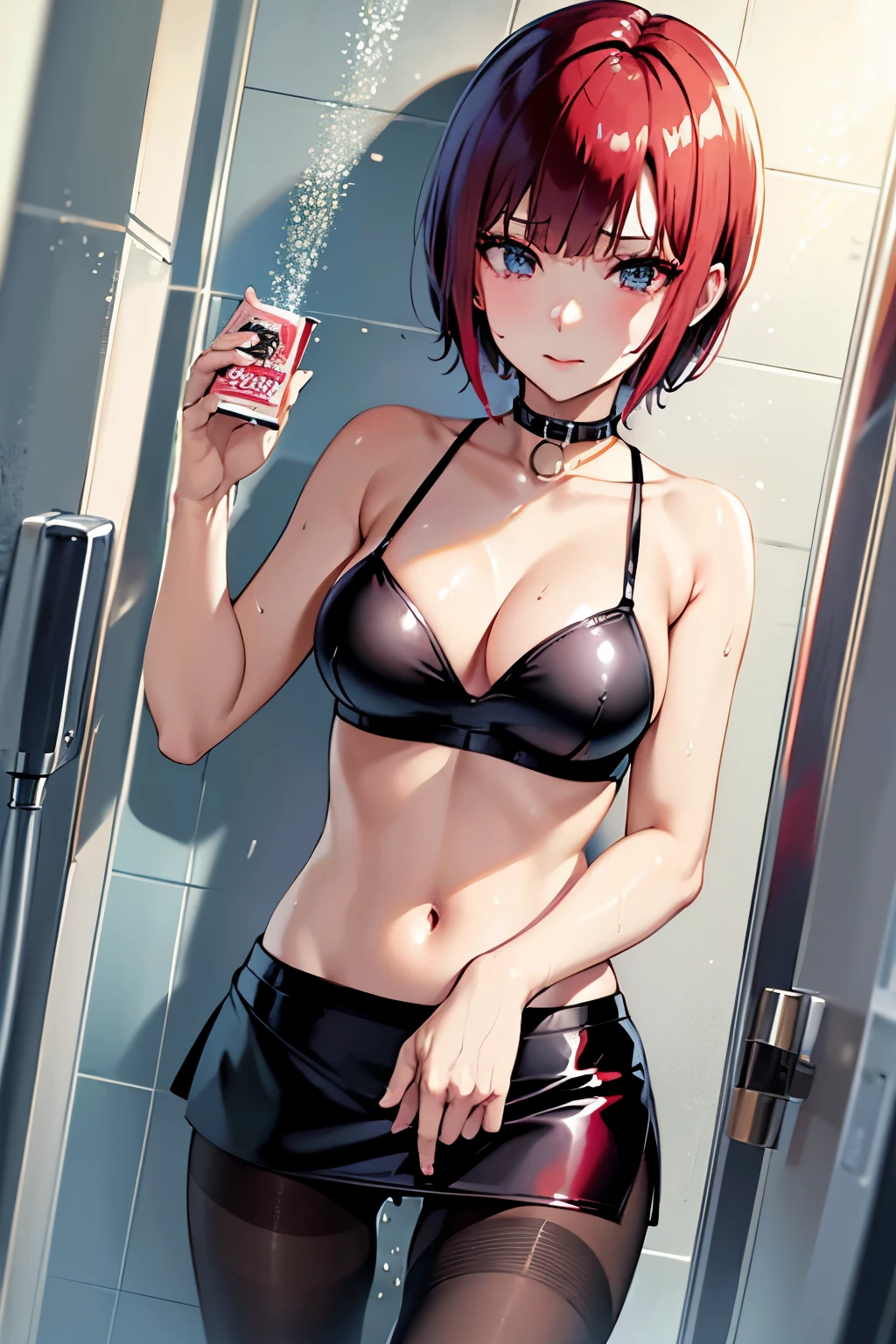 Rio, Super Blackjack、Red Hair、Short Hair、((blouse))、((pantyhose))、mini skirt、Photo from below、Medium chest、((shower room))、Rio・デ・カーニバル、((Get wet all over))、Black Bra