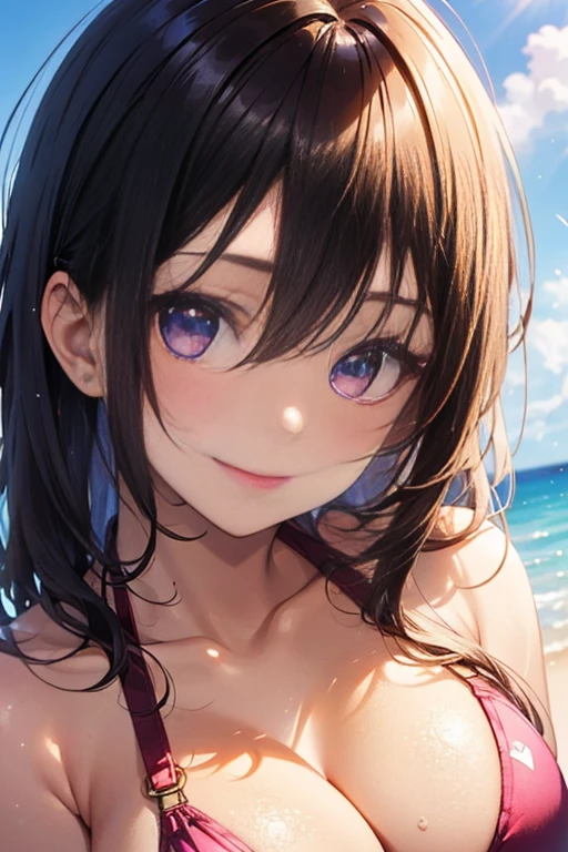 a 23yo girl, Beautiful lighting,face light、(Close-up light on chest:1.3)、(summer Beach :1.2)、(random bikini:1.3),cute face、young face、small nose、(with sparkling eyes and a contagious smile),bronde hair、fine hair,hair spreading in the wind、hair is shiny、masterpiece, highest quality, Super detailed, High resolution, Detail view, very beautiful detailed face and eyes, bright colors, cute face, delicate beautiful face, Bright magenta eyes, cute eyes, sparkling eyes, Big eyes, (big breasts:1.3), (perky chest:1.1), (pointed chest:1.1), medium hips, glamorous body, white skin, smile, thin pubric hair, shiny hair, off underware ,small cute ribbon, Real World, Natural light,perfect Natural light、looking at viewer,