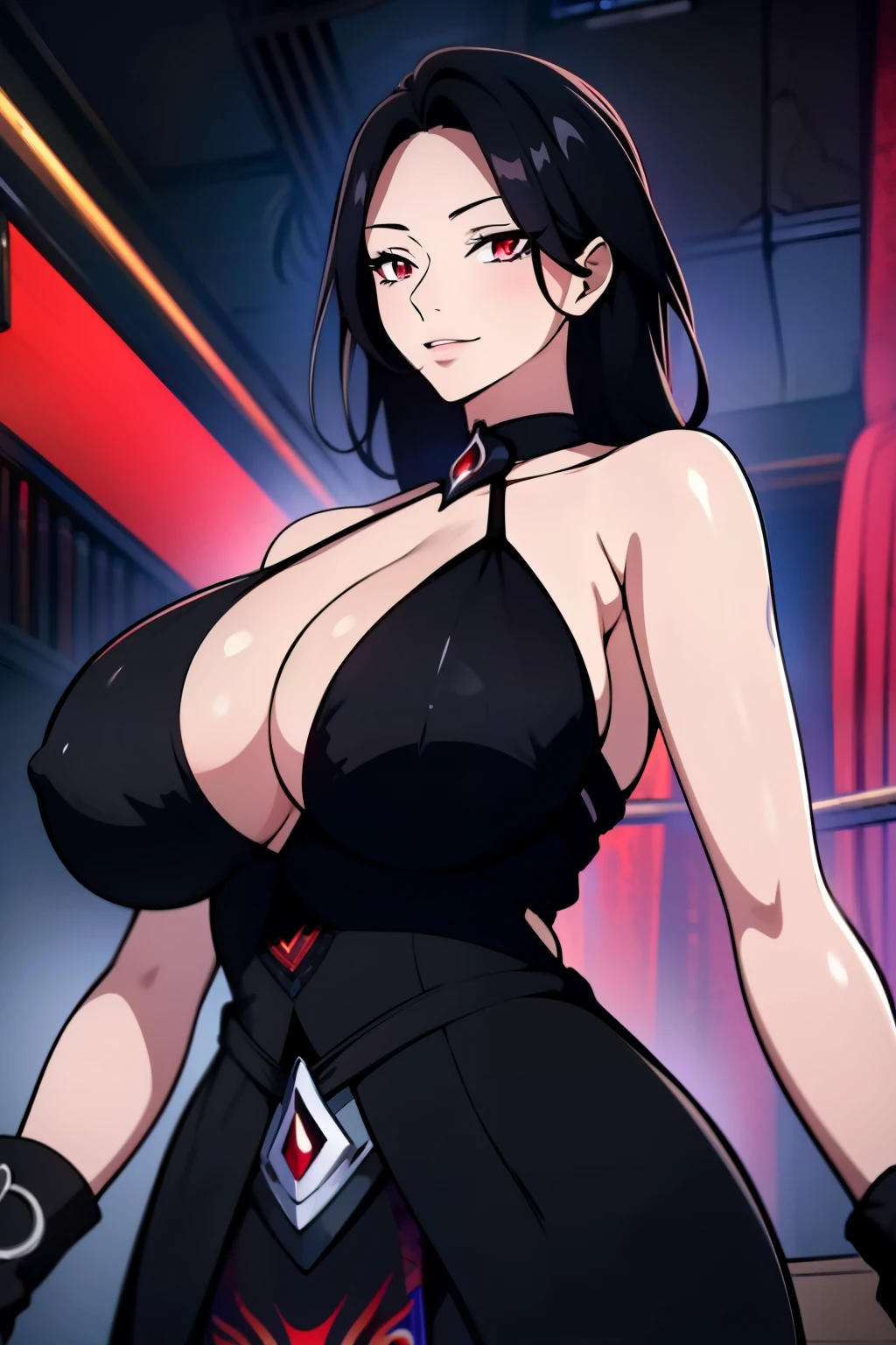 An anime-style artwork depicting acheron from the game Honkai star rail.
Tags: acheronhsr, anime, detailed eyes, detailed lips, arabian dancer outfit, smiling expression, intense gaze, glowing emblem on hand, dynamic pose, mystical background, vibrant colors, digital art, high-resolution, professional quality, gigantic breasts, curvy, cowboy shot, (gigantic breasts: 1.4), (red eyes: 1.4), (black hair: 1.6), short hair