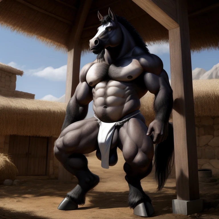 Furry, Antro Bara, [Horse color dark Black metal] , [Fundoshi Bulto Male Big], [(Fundoshi White)], Solo, [Bulto Male Big], Big Balls, Hooves , Detallado, cuerpo completo, Cuerpo Peludo Blanco Marron, Cuerpo Perfecto, Fondo Pueblo Rural, Pupil Eyes, Alta resolucion 4K