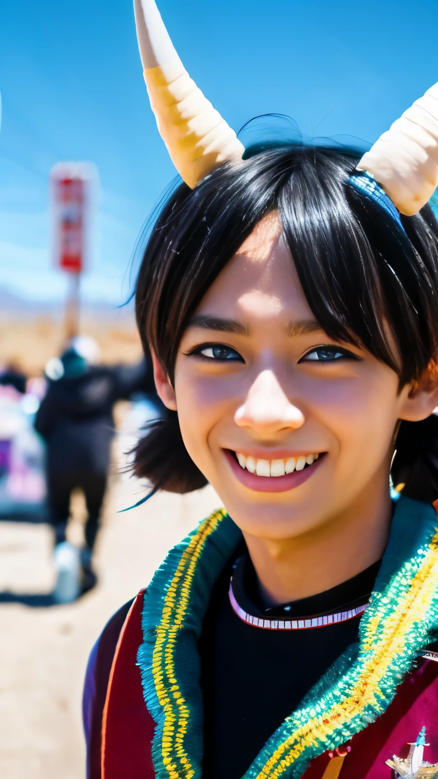 nijiローラhorn a pertty nijiboy with crystal - clear horns, Wearing turquoise skiwear, Twin tails, Big, beautiful, odd eyes, big warm smile, On the streets of Cyberrun&#39;s desert city 