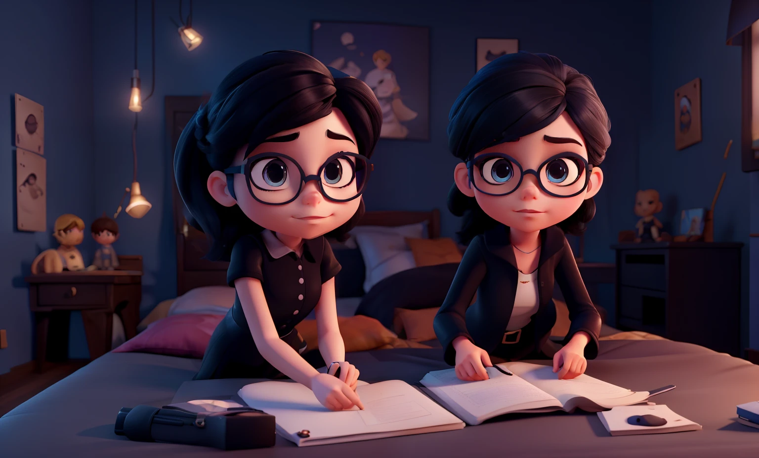 fille avec cheveux noir et lunettes de vue dort sur un lit elle dort sur le lit petit personnage. unreal engine 5, stylized animated, very detailed character, Style animé 3D, style d'anime 3D réaliste, personnage en gros plan, stylized in 3D, unreal engine blue face, stylized in 3D rendering, Realistic 3D character, stylized character, rendered in an unreal engine